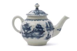 Good Lowestoft porcelain miniature tea pot, circa 1765, decorated in underglaze blue with