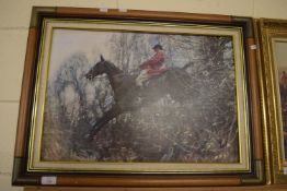 TWO PRINTS, ONE OF A HUNTSMAN, ONE WITH HUNTSMAN AND HOUNDS IN GILT AND WOODEN FRAMES