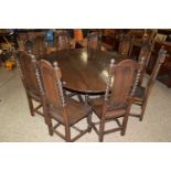 LARGE AND IMPRESSIVE OVAL GATELEG TABLE, RAISED ON BARLEY TWIST SUPPORTS, TOGETHER WITH A SET OF TEN
