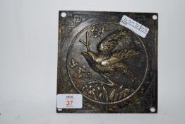 SQUARE BRASS PLATE DECORATED WITH BIRDS IN RELIEF