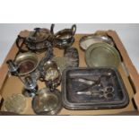 TRAY CONTAINING PLATED WARES INCLUDING PLATED TEA POT AND SUGAR BOWL AND CREAMER, WINE COASTER ETC