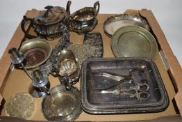 TRAY CONTAINING PLATED WARES INCLUDING PLATED TEA POT AND SUGAR BOWL AND CREAMER, WINE COASTER ETC