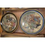 PAIR OF CONTINENTAL POTTERY PLAQUES MODELLED IN RELIEF OF TAVERN SCENES