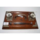 WOODEN DESK SET WITH TWO GLASS INKWELLS
