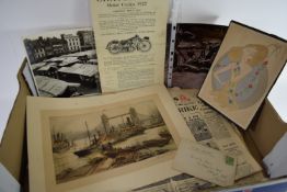 BOX CONTAINING VARIOUS EPHEMERA, SOME MOTORCYCLE RELATED AND VINTAGE DAILY EXPRESS NEWSPAPERS