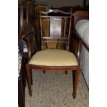 DECORATIVE EDWARDIAN UPHOLSTERED BEDROOM CHAIR WITH INLAID DECORATION DEPICTING AN URN AND