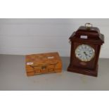 WOODEN JEWELLERY BOX AND A MANTEL CLOCK