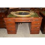 REPRODUCTION STAINED WOOD LEATHER TOPPED TWIN PEDESTAL DESK, APPROX 137 X 76CM