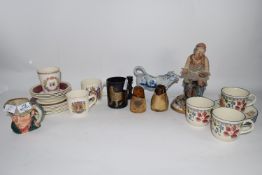 TRAY CONTAINING CERAMICS, KITCHEN WARES, SMALL ROYAL DOULTON JUG OF THE POACHER ETC