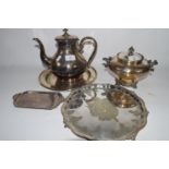 SMALL PLATED TUREEN AND COVER ON A PLATED STAND WITH INSCRIPTION, PLUS A FURTHER PLATED COFFEE POT