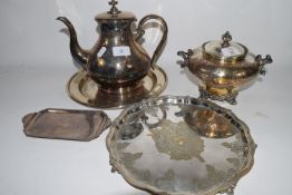 SMALL PLATED TUREEN AND COVER ON A PLATED STAND WITH INSCRIPTION, PLUS A FURTHER PLATED COFFEE POT