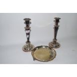 PAIR OF PLATED CANDLESTICKS, AND A SMALL PLATED TRAY