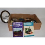 BOX CONTAINING CERAMICS ETC, SMALL MINTONS DISH, BOOKS ON STEAM LOCOS