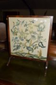 EMBROIDERED FIRE SCREEN DEPICTING VARIOUS FLORA AND FAUNA, APPROX WIDTH 60CM MAX