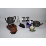 BOX CONTAINING METAL WARES ETC, TWO PEWTER TEA POT, GLASS DECANTER AND COVER ETC
