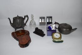 BOX CONTAINING METAL WARES ETC, TWO PEWTER TEA POT, GLASS DECANTER AND COVER ETC