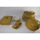 BOX CONTAINING DENBY DINNER WARES IN LIGHT BROWN OR BUFF GLAZE COMPRISING DINNER PLATES, BOWLS,