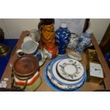 BOX CONTAINING CERAMICS, TWO ORIENTAL VASES, BLUE AND WHITE BISCUIT BARREL ETC