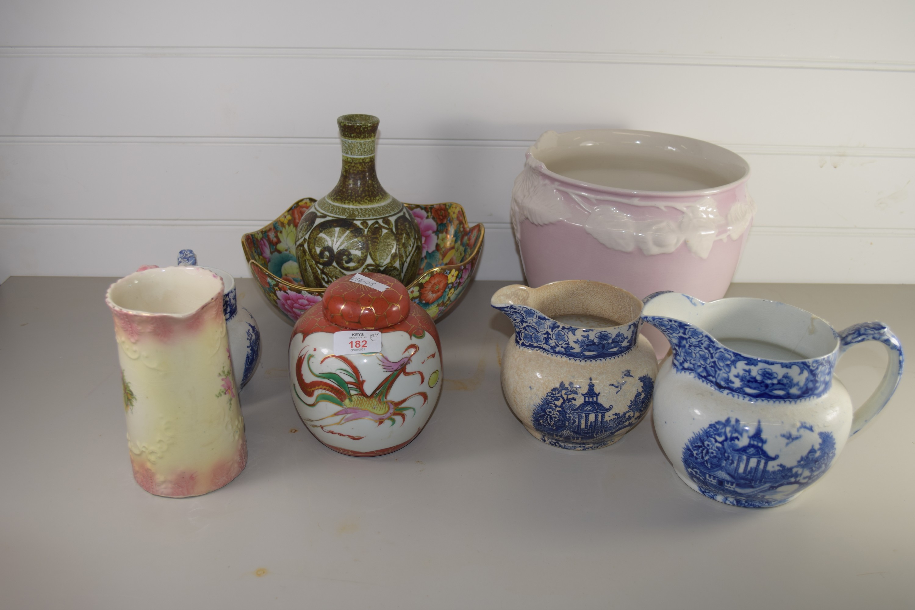 CERAMIC ITEMS, BLUE AND WHITE JUGS, DENBY GLYN COLLEGE TYPE VASE ETC