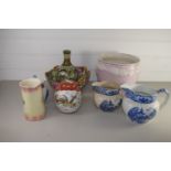 CERAMIC ITEMS, BLUE AND WHITE JUGS, DENBY GLYN COLLEGE TYPE VASE ETC