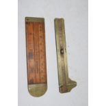 SMALL BRASS MEASURING TOOL MARKED "LONDON" AND A WOODEN RULE MARKED "PHILIP HARRIS & CO 1913