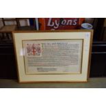 FRAMED SCROLL SETTING FORTH THE GRANT TO THE GUILD OF MARKETORS TO BECOME A LIVERY COMPANY OF THE