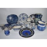 BOX CONTAINING BLUE AND WHITE CERAMICS, VASES, GRAVY BOAT AND STAND ETC