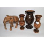WOODEN MODEL OF AN ELEPHANT, PLUS A PAIR OF WOODEN VASES