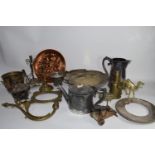 BOX CONTAINING BRASS AND COPPER WARES, CANDLESTICKS, TEA POTS ETC