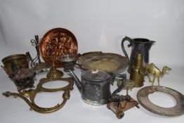 BOX CONTAINING BRASS AND COPPER WARES, CANDLESTICKS, TEA POTS ETC