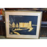 FRAMED COLLAGE PICTURE OF LEEDS CASTLE, INITIALLED S.E. APPROX 42 X 60CM