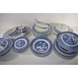 DINNER WARES, BLUE AND WHITE WILLOW PATTERN DESIGN