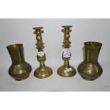 PAIR OF BRASS CANDLESTICKS AND MIDDLE EASTERN STYLE BRASS VASES