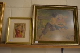 PRINT OF A YOUNG GIRL IN GILT FRAME PLUS A PRINT OF CHILDREN