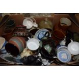 BOX CONTAINING CERAMIC ITEMS, JUGS, TEA POTS, BOWLS, DISHES ETC