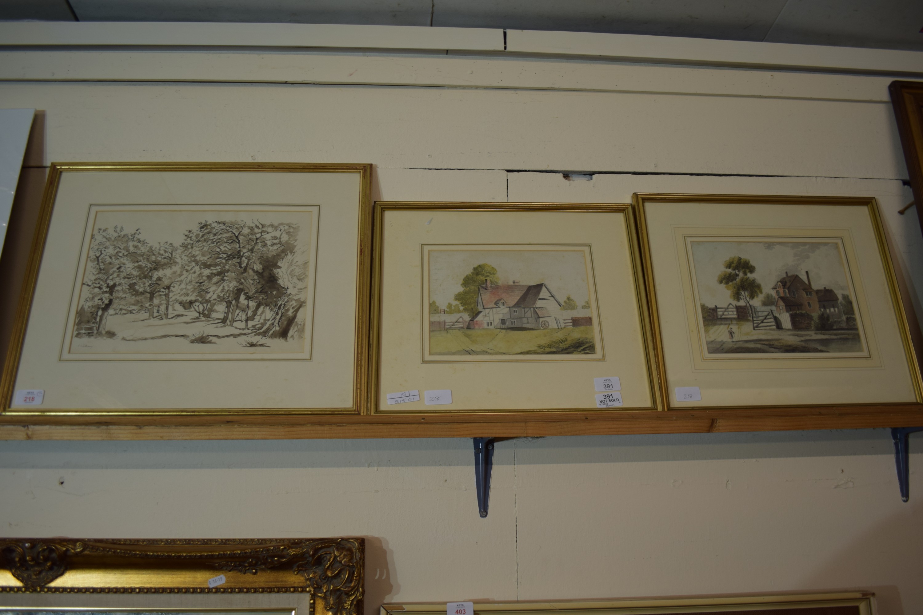 DRAWING OF TREES IN GILT FRAME, TOGETHER WITH PICTURES OF FARM HOUSES