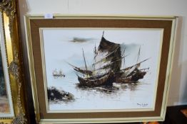 OIL ON BOARD OF JUNKS IN A HARBOUR, SIGNATURE LOWER RIGHT TONY WONG HK, APPROX 45 X 59CM