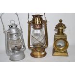 BRASS TILLEY TYPE LAMP, TOGETHER WITH A FURTHER RECTANGULAR LAMP AND HURRICANE LAMP