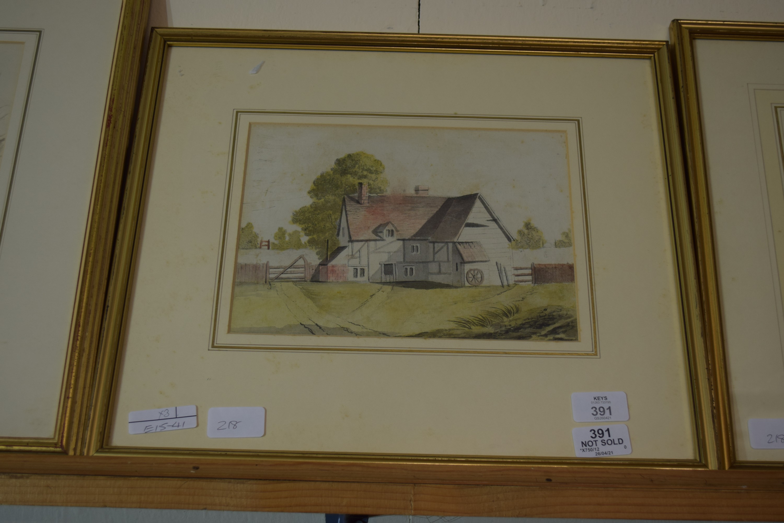 DRAWING OF TREES IN GILT FRAME, TOGETHER WITH PICTURES OF FARM HOUSES - Image 3 of 4