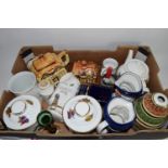 TRAY CONTAINING CERAMICS, MAINLY KITCHEN WARES INCLUDING TWO ROYAL WORCESTER JARS AND COVERS