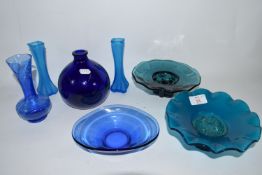 COLOURED GLASS WARES, TWO SMALL STANDS, GLOBULAR VASE, PAIR OF LIGHT BLUE GLASS VASES
