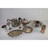 TRAY CONTAINING SILVER PLATED WARES, TEA POT, TWO TRAYS, SMALL SILVER VASE ETC