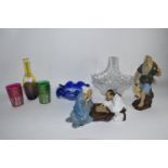 PLASTIC TRAY CONTAINING THREE ORIENTAL CERAMIC FIGURES, BLUE GLASS ASHTRAY ETC