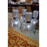 SET OF FOUR MATCHING BRUSHED ALUMINIUM INDUSTRIAL STYLE LIGHT FITTINGS, EACH DIAM APPROX 50CM