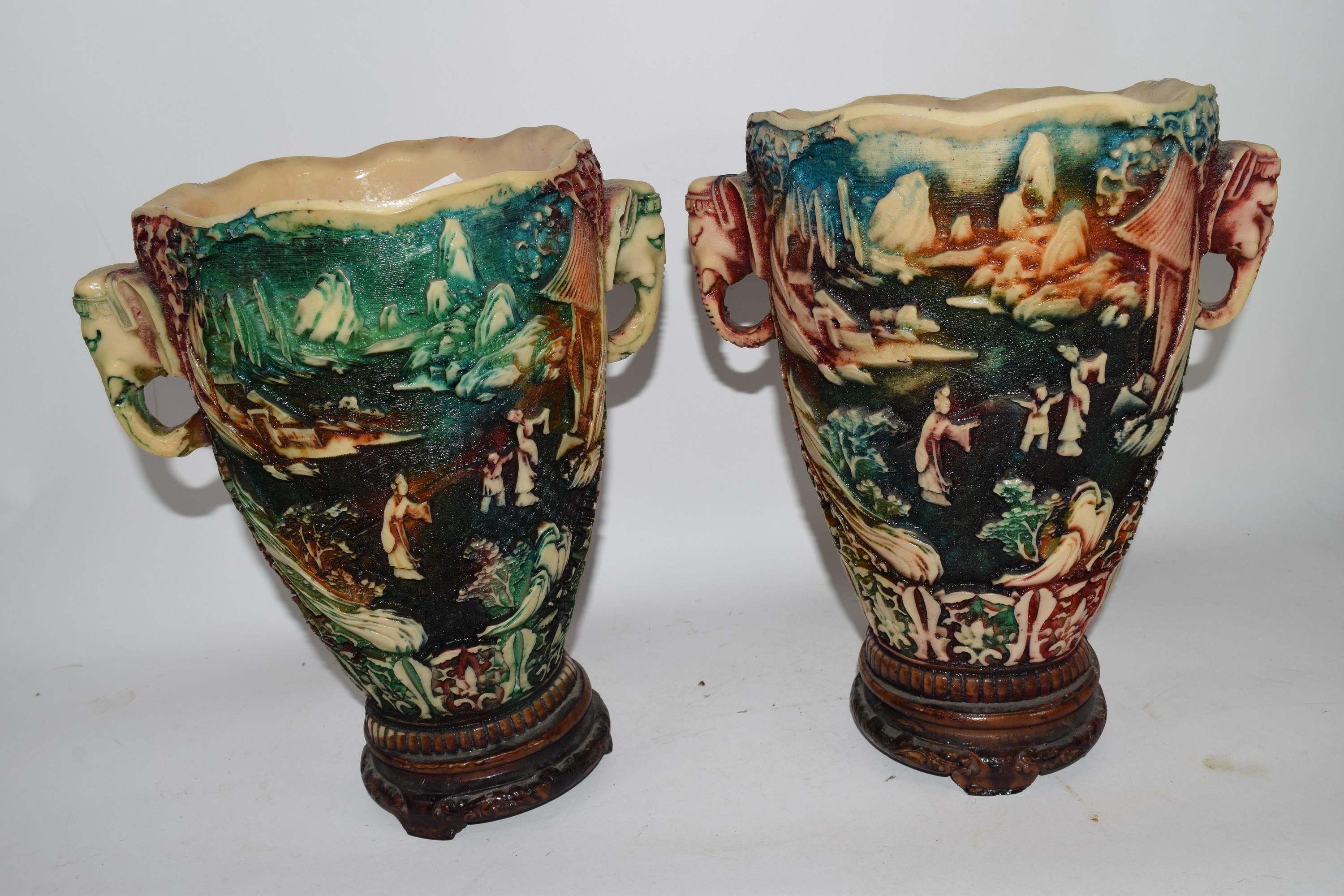 PAIR OF POTTERY VASES WITH ELEPHANT HANDLES - Image 2 of 2