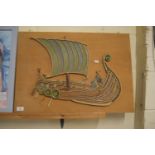 POTTERY MODEL OF A VIKING SHIP MOUNTED ON WOODEN PLAQUE