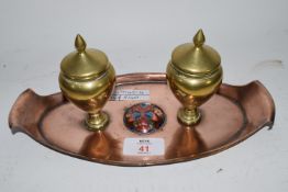 SMALL COPPER TRAY WITH BRASS CONDIMENTS