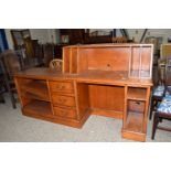 LATE 20TH CENTURY REPRO STYLE ENTERTAINMENT UNIT COMPRISING LONG DESK WITH RAISED RECORD HOLDER,