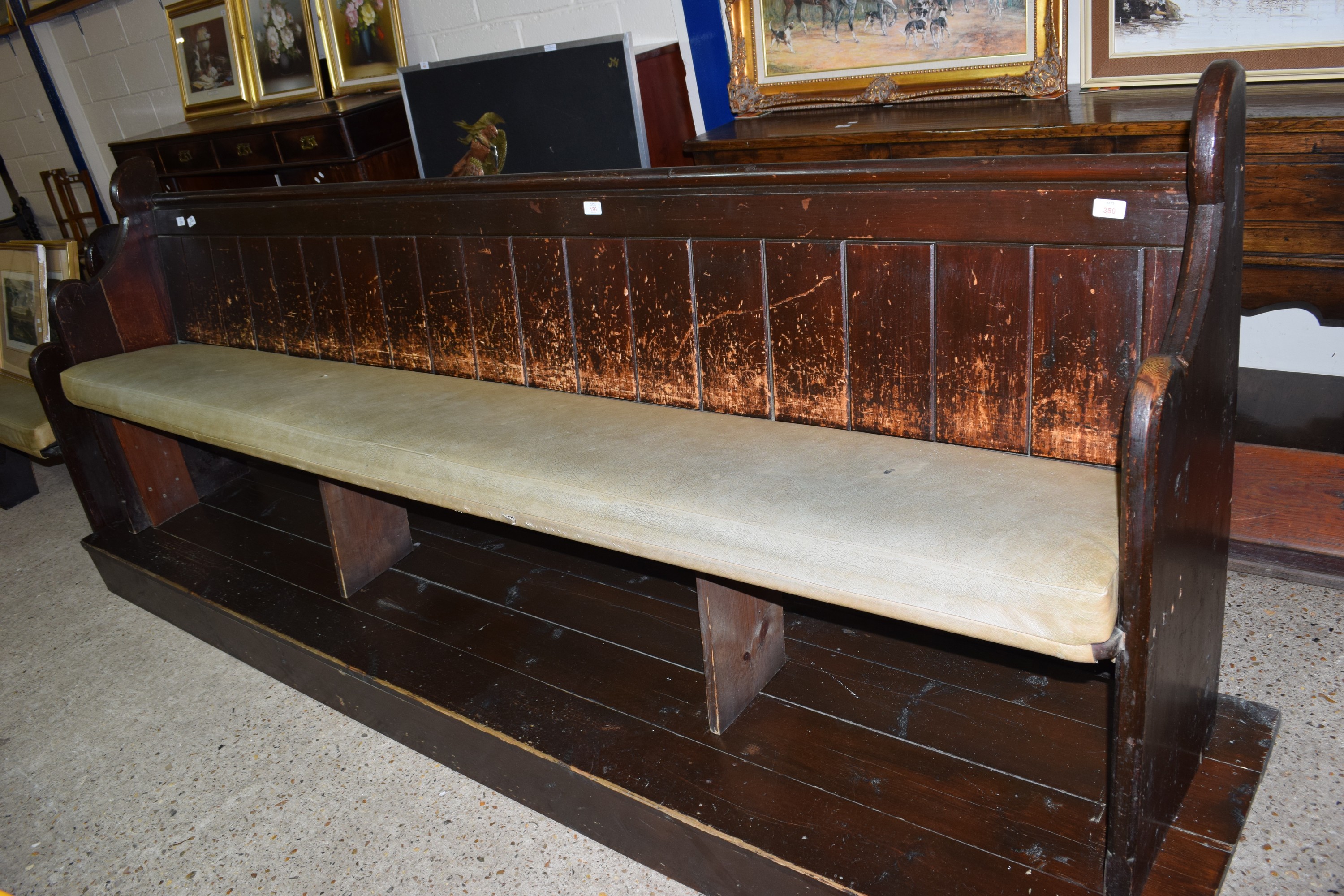 VINTAGE PAINTED PINE PEW, LENGTH APPROX 268CM