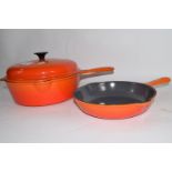 LE CREUSET STYLE SAUCEPAN AND COVER AND SMALL FRYING PAN MARKED TO THE BASE "LE CREUSET, FRANCE"